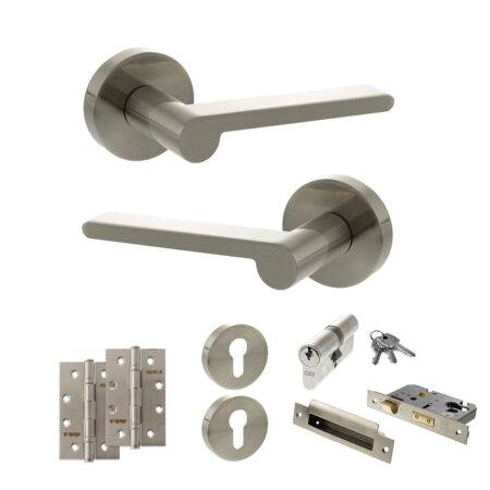 Senza Pari Darrio Door Handle Pack (Euro Lock Set - 2.5" CE Sashlock, 4" Slim Knuckle Hinges x2) - Satin Nickel