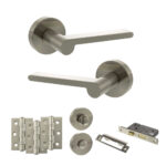 Senza Pari Darrio Door Handle Pack (Bathroom Set - 3" CE Bathroom Lock, 3" Fire Rated Hinges x3) - Satin Nickel