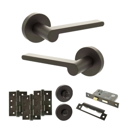 Senza Pari Darrio Door Handle Pack (Bathroom Set - 3" CE Bathroom Lock, 4" Fire Rated Hinges x3) - Urban Dark Bronze