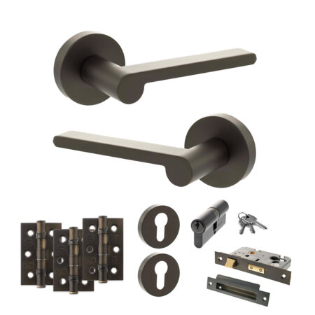 Atlantic Senza Pari Darrio Door Handle Pack (Euro Lock Set - 2.5" CE Sashlock, 3" Fire Rated Hinges x3) - Urban Dark Bronze