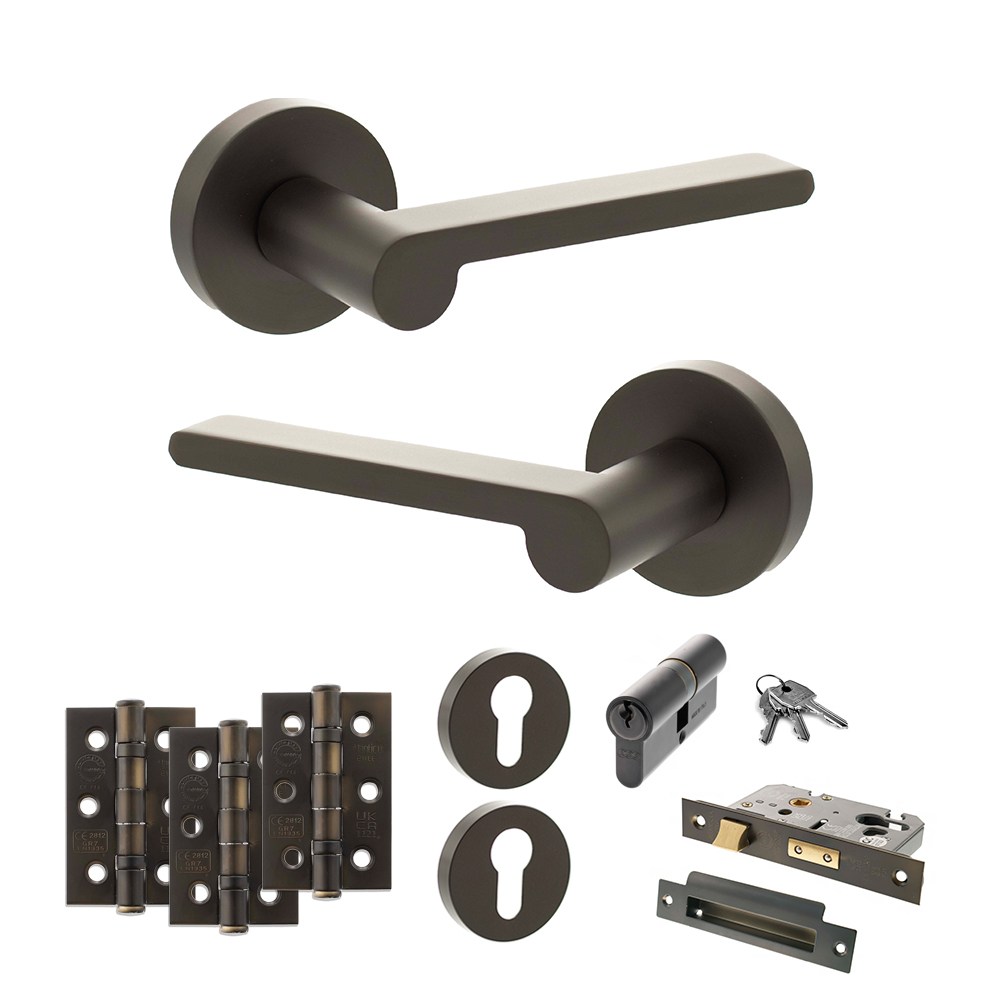 ADPSPRO218UDB21_SENZA20PARI20DARRIO20URBAN20DARK20BRONZE.jpg Atlantic Senza Pari Darrio Door Handle Pack (Euro Lock Set - 3" CE Sashlock, 3" Fire Rated Hinges x3) - Urban Dark Bronze - Image 1