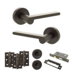 Senza Pari Darrio Door Handle Pack (Bathroom Set - 2.5" CE Bathroom Lock, 3" Fire Rated Hinges x3) - Urban Dark Bronze