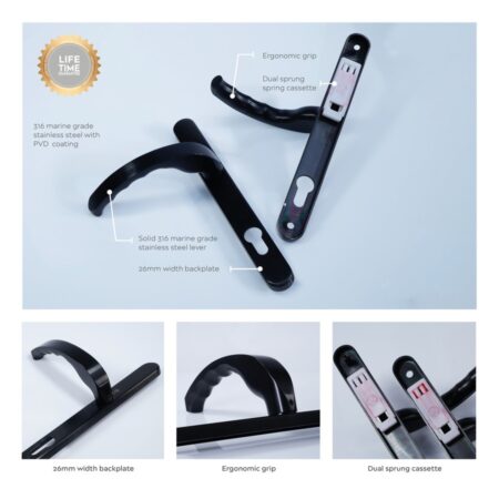 BLU EGC096 Ergonomic Lever Door Handle on Backplate Set Visible Fixings 316 Stainless Steel PVD Satin Black Finish - Image 3