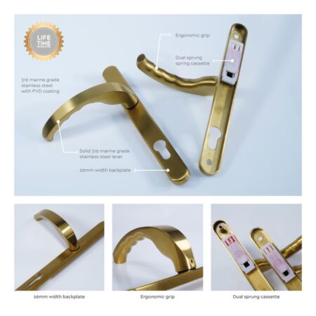 BLU EGC096 Ergonomic Lever Door Handle on Backplate Set Visible Fixings 316 Stainless Steel with a PVD Satin Brass Finish - Image 3
