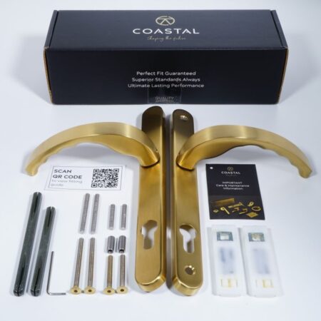 BLU EGC096 Ergonomic Lever Door Handle on Backplate Set Visible Fixings 316 Stainless Steel with a PVD Satin Brass Finish - Image 4