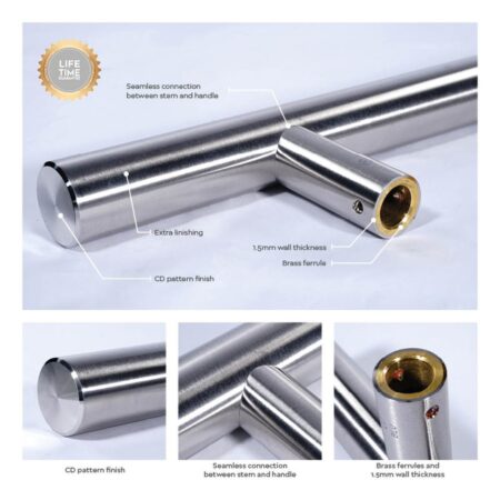 BLU HAB2 Inline Round 'T' Bar Pull Handle 400mm Long 300mm Centres 32mm Diameter Universal Fixing 316 Satin Stainless Steel - Image 3