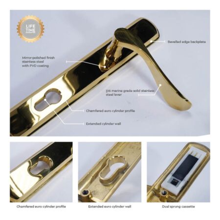 BLU Regent 092 Left Hand Multipoint Door Lock Handle Dual Sprung 316 Grade Stainless Steel PVD Polished Brass Finish - Image 3