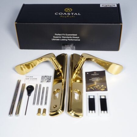 BLU Regent 092 Left Hand Multipoint Door Lock Handle Dual Sprung 316 Grade Stainless Steel PVD Polished Brass Finish - Image 4