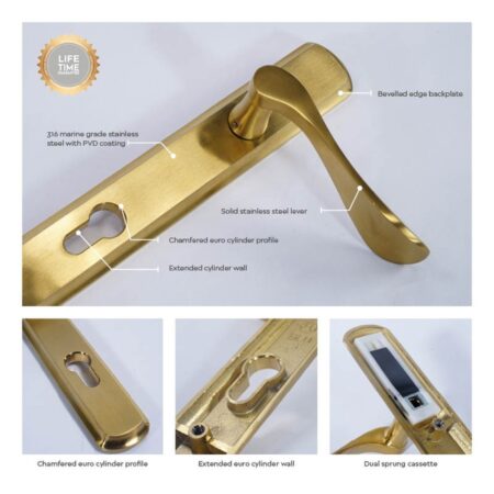 BLU Regent 092 Right Hand Multipoint Door Lock Handle Dual Sprung 316 Grade Stainless Steel PVD Satin Brass Finish - Image 3