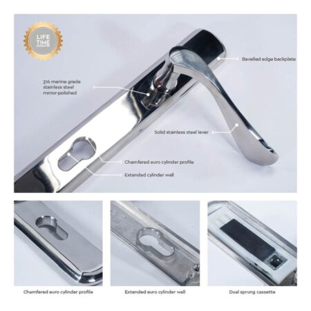 BLU Regent 092 Right Hand Multipoint Door Lock Handle Dual Sprung 316 Grade Polished Stainless Steel - Image 3