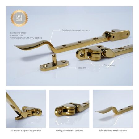 BLU Regent 11" (280mm) Casement Window Stay - 316 Stanless Steel with a PVD Polished Brass Finish - Image 3