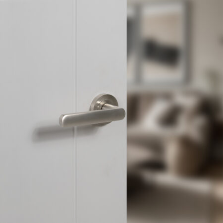 Atlantic STATUS Carolina Lever Door Handle on Round Rose - Satin Nickel - Image 2