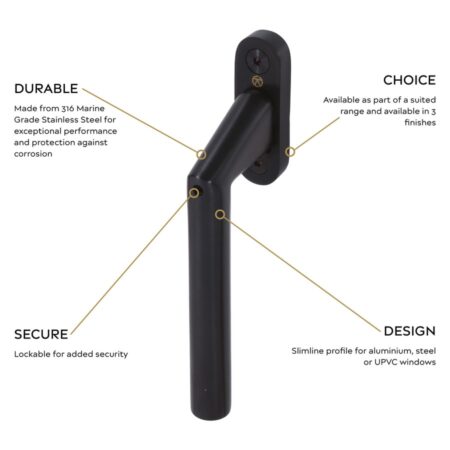 blu SST100 Inline Angled Lockable Window Espag Handle 316 Stainless Steel PVD Satin Brass Finish - Image 2