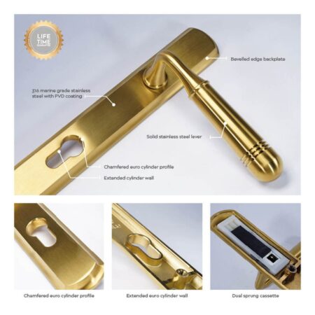 BLU Opera 092 Multipoint Door Lock Handle Dual Sprung 316 Grade Stainless Steel PVD Satin Brass Finish - Image 3