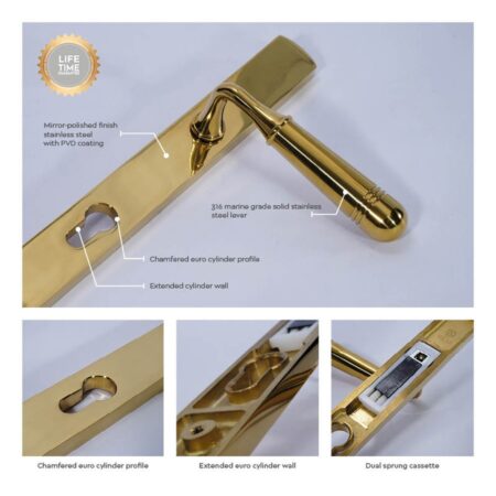 BLU Opera 095 Multipoint Door Lock Handle Dual Sprung 316 Grade Stainless Steel PVD Polished Brass Finish - Image 3
