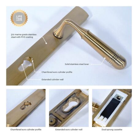 BLU TBH095 Opera Lever on Backplate Multipoint Door Lock Handle Universally Handed 316 Stainless Steel PVD Satin Brass Finish - Image 3