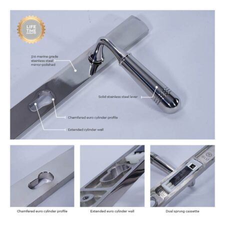 BLU Opera 095 Multipoint Door Lock Handle Dual Sprung 316 Grade Polished Stainless Steel - Image 3