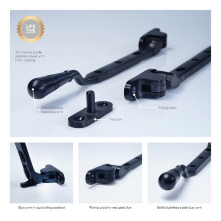 BLU 8" (203mm) Opera Casement Window Stay - 316 Stainless Steel PVD Satin Black Finish - Image 3