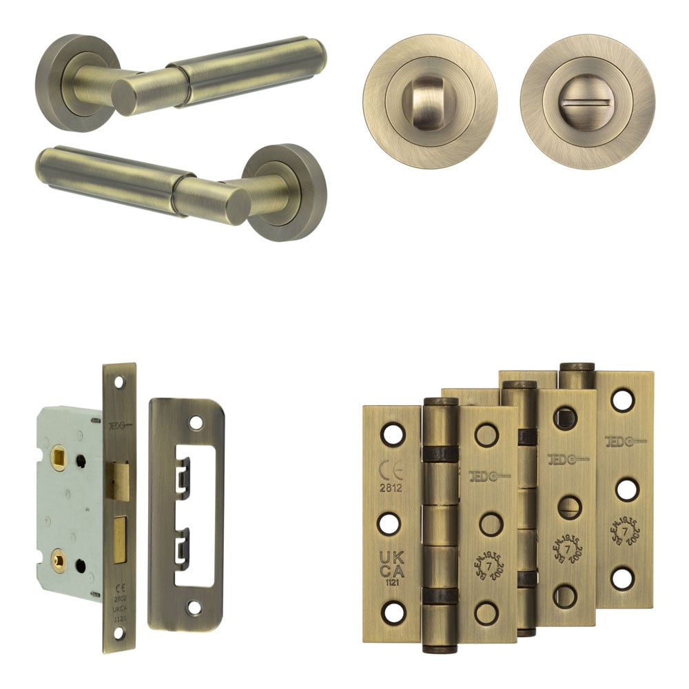 je-b5b3-ab.jpg Frelan Hardware Complete Bloom Door Handle Pack - Bathroom - Antique Brass - Image 1