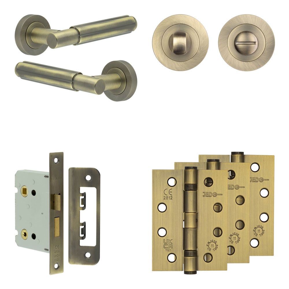 je-b6a3-ab.jpg Frelan Hardware Complete Bloom Door Handle Pack - Bathroom - Antique Brass - Image 1