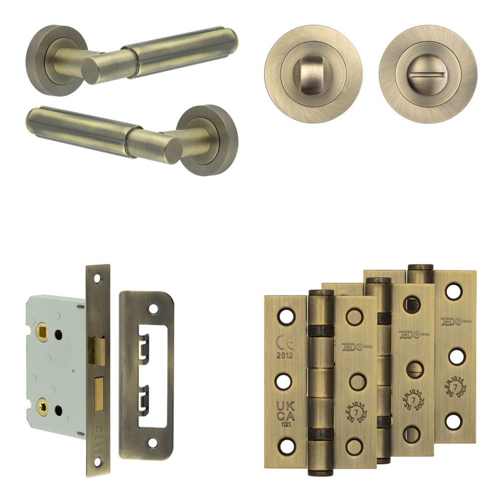 je-b6b3-ab.jpg Frelan Hardware Complete Bloom Door Handle Pack - Bathroom - Antique Brass - Image 1
