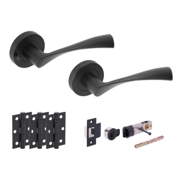 Hunta Hardware Zena Matt Black Privacy Internal Door Pack - Bullet Latch & 3 Standard Hinges