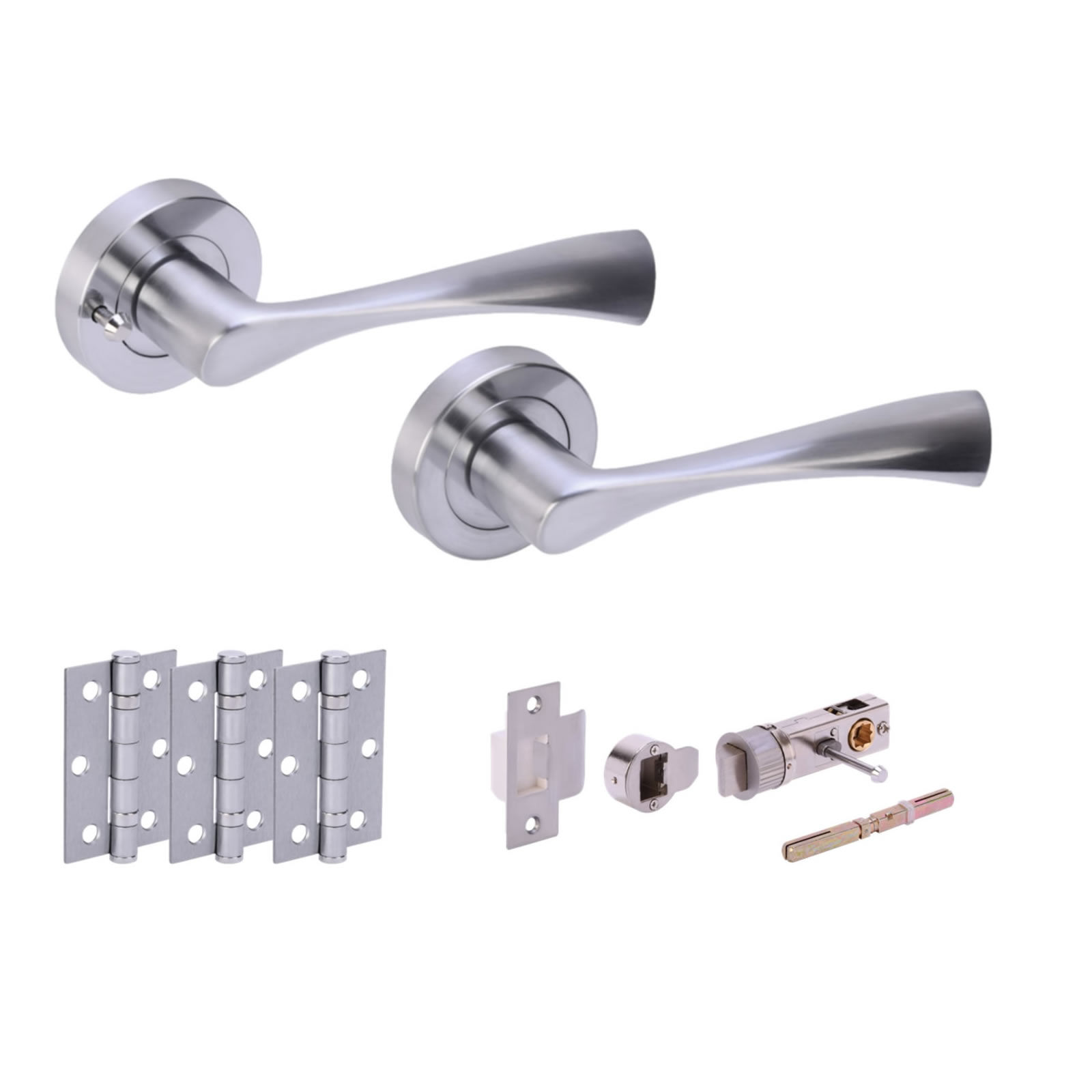 H2846SCP Hunta Hardware Zena Satin Chrome Privacy Internal Door Pack - Bullet Latch & 3 Standard Hinges - Image 1