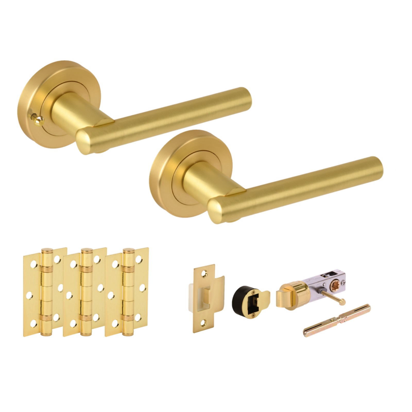 H2890SB Hunta Hardware Solus Satin Brass Privacy Internal Door Pack - Bullet Latch & 3 Standard Hinges - Image 1