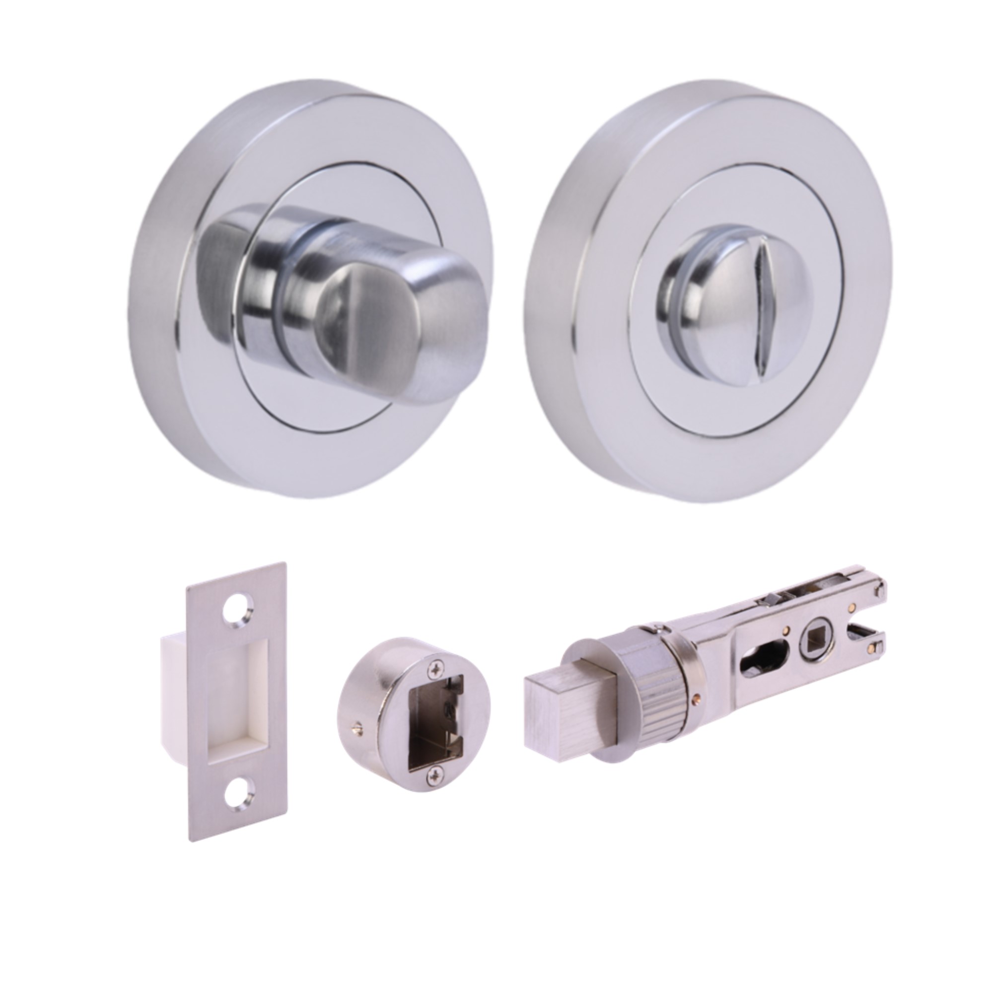 H2954PCSCP Hunta Hardware Polished Chrome / Satin Chrome Bathroom Turn & Release Pack with 57mm Bullet Deadbolt - Image 1