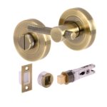 Hunta Hardware Knurled Bar Antique Brass Bathroom Turn & Release Pack with 57mm Bullet Deadbolt
