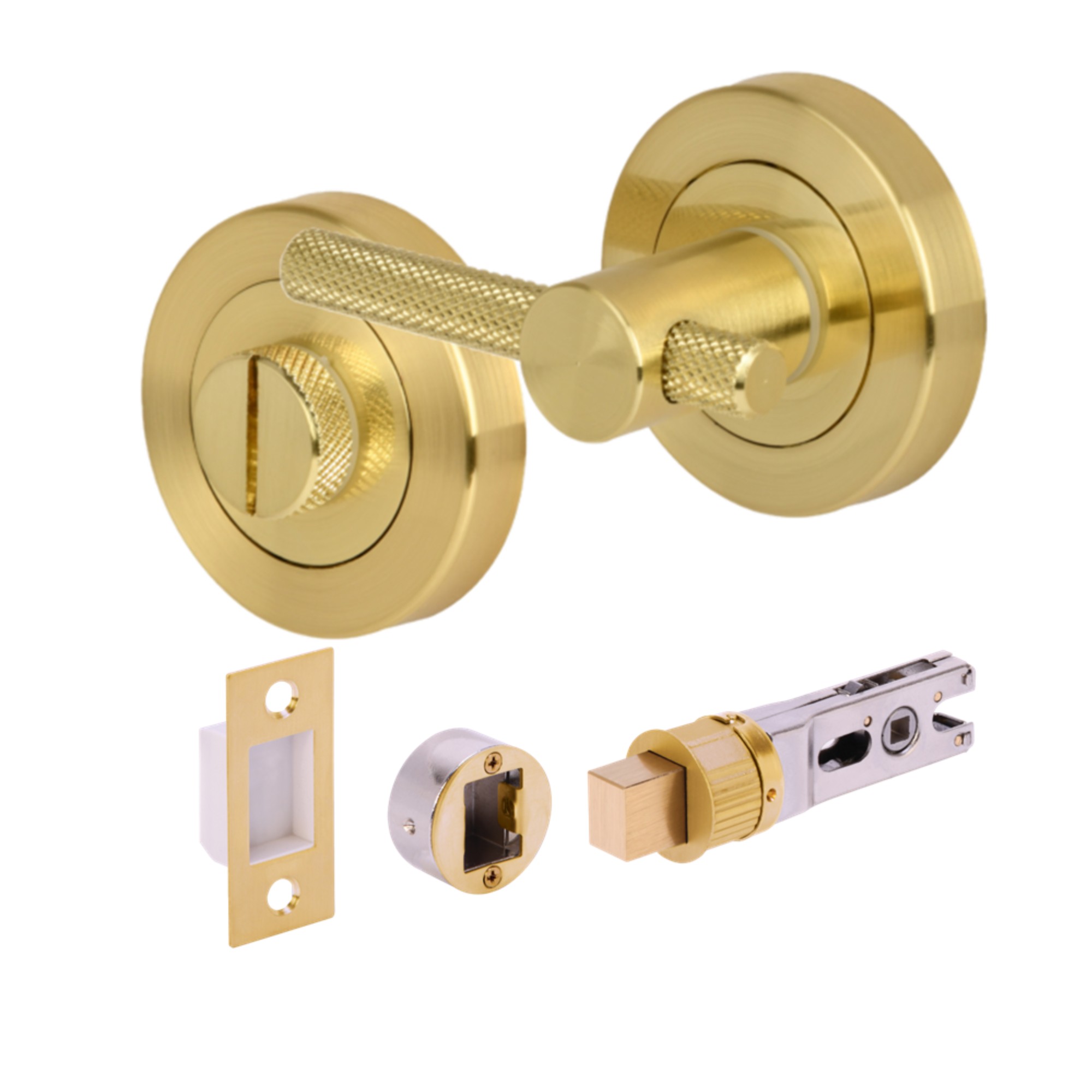 H2957SB Hunta Hardware Knurled Bar Satin Brass Bathroom Turn & Release Pack with 57mm Bullet Deadbolt - Image 1