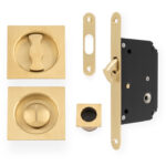 Alexander & Wilks Sliding Door Lock Set - Square Roses - Radius Forend & Strike - Satin Brass PVD