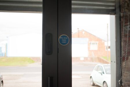 Atlantic Automatic Fire Door Keep Clear Disc Sign 75mm 3M Adhesive - Satin Stainless Steel - Image 2