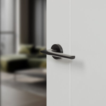 Atlantic Forme Boston Lever Door Handle on Minimal Round Rose - Matt Black - Image 2