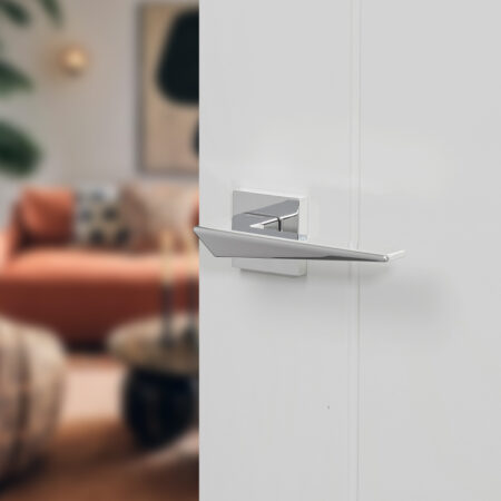 Atlantic Forme Naxos Lever Door Handle on Minimal Square Rose - Polished Chrome - Image 2