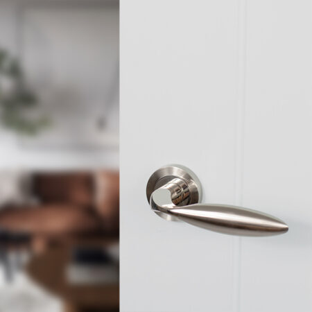 Atlantic Mediterranean Ibiza Lever Door Handle on Round Rose - Satin Nickel/Polished Nickel - Image 2