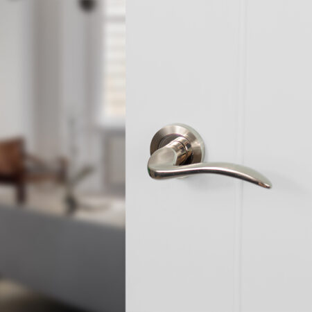 Atlantic Mediterranean Valencia Lever Door Handle on Round Rose - Satin Nickel/Polished Nickel - Image 2