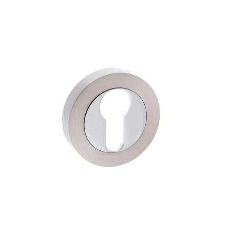 Atlantic Mediterranean Euro Escutcheons on Round Rose - Satin Nickel/Polished Chrome