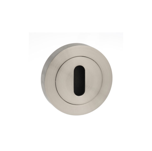 Atlantic Mediterranean Key Escutcheons on Round Rose - Satin Nickel