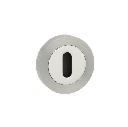 Atlantic Mediterranean Key Escutcheons on Round Rose - Satin Nickel/Polished Chrome