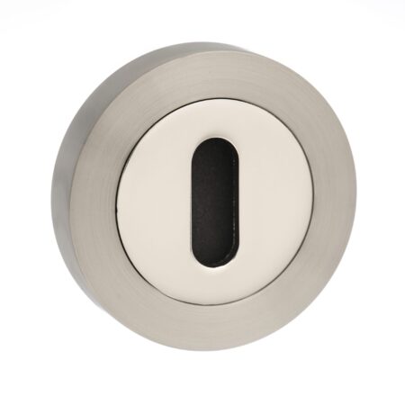 Atlantic Mediterranean Key Escutcheons on Round Rose - Satin Nickel/Polished Nickel