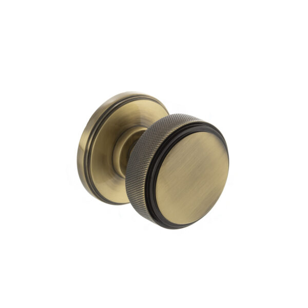 Atlantic Millhouse Brass Harrison Solid Brass Knurled Mortice Door Knob on Concealed Fix Rose - Antique Brass