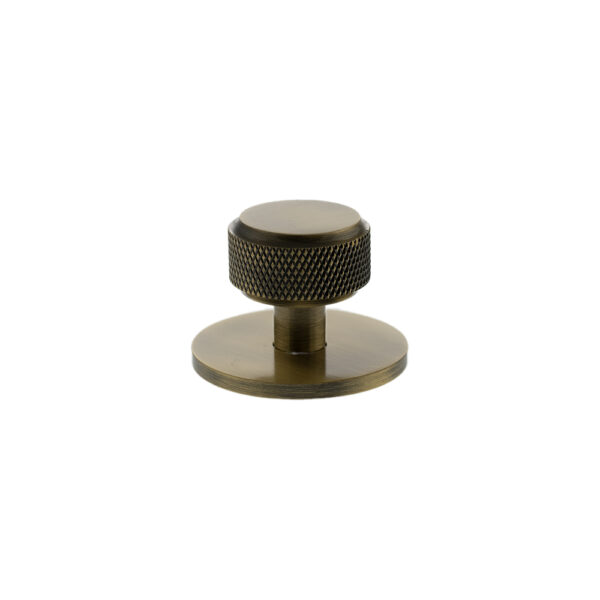 Atlantic Millhouse Brass Eiffel Knurled Round Cabinet Knob Handle on Backplate - Antique Brass