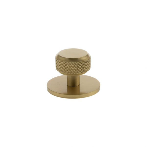 Atlantic Millhouse Brass Eiffel Knurled Round Cabinet Knob Handle on Backplate - Satin Brass