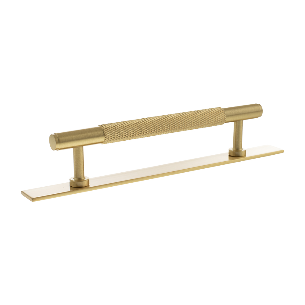 MHCKB17128SB_MILLHOUSE20BRASS20CABINET20HARWARE_EIFFEL20KNURLED20128MM20PULL20HANDLE_SATIN20BRASS_LR.jpg Atlantic Millhouse Brass Eiffel Knurled T-Bar Cabinet Pull Handle on Backplate 128mm - Satin Brass - Image 1