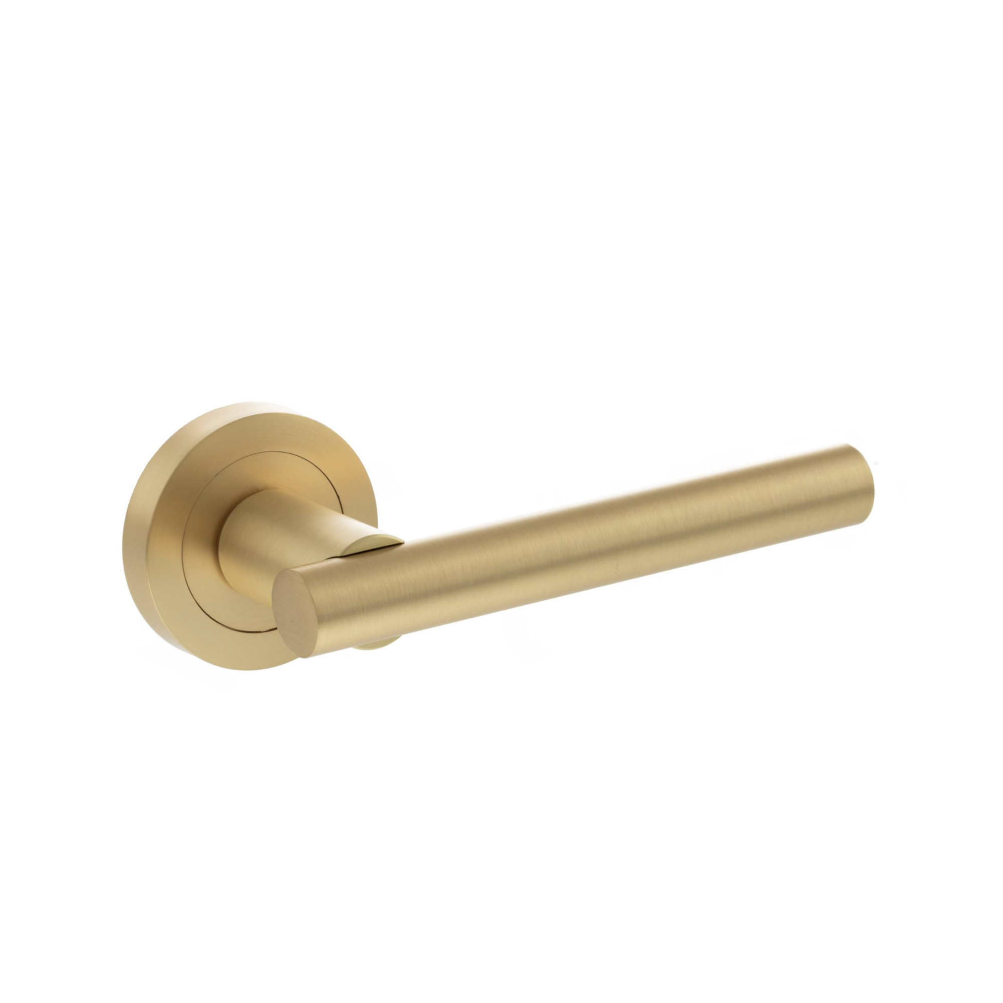 S28RSB.jpg Atlantic STATUS Nebraska Lever Door Handle on Round Rose - Satin Brass - Image 1