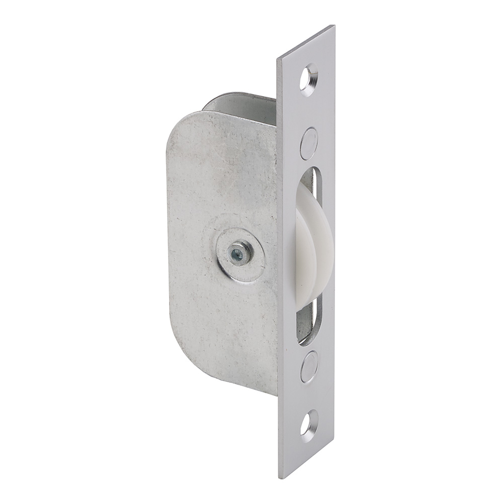 aq92sc.jpg Carlisle Brass Sash Window Axle Pulley No2 Square Satin Chrome Forend with Nylon Wheel - Image 1