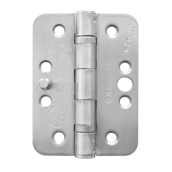 Eurospec 102 x 76 x 3mm Dog Bolt Ball Bearing Hinge Grade 13 C/W Screws Radius (Pair) - Satin Stainless Steel