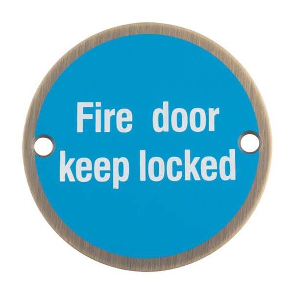 Eurospec 76mm Sign - Fire Door Keep Locked - Face Fix - Antique Brass