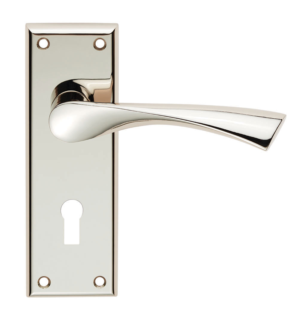 szr021pn_2.jpg Serozzetta Venti Lever on Face-Fix Backplate - Lock 57mm - Polished Nickel - Image 1